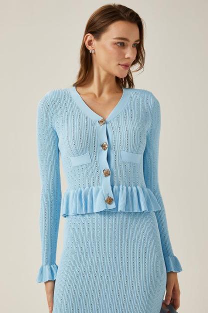 Solid Metal Bottom Top ＆ High Waist Knit Midi Skirt Set Blue