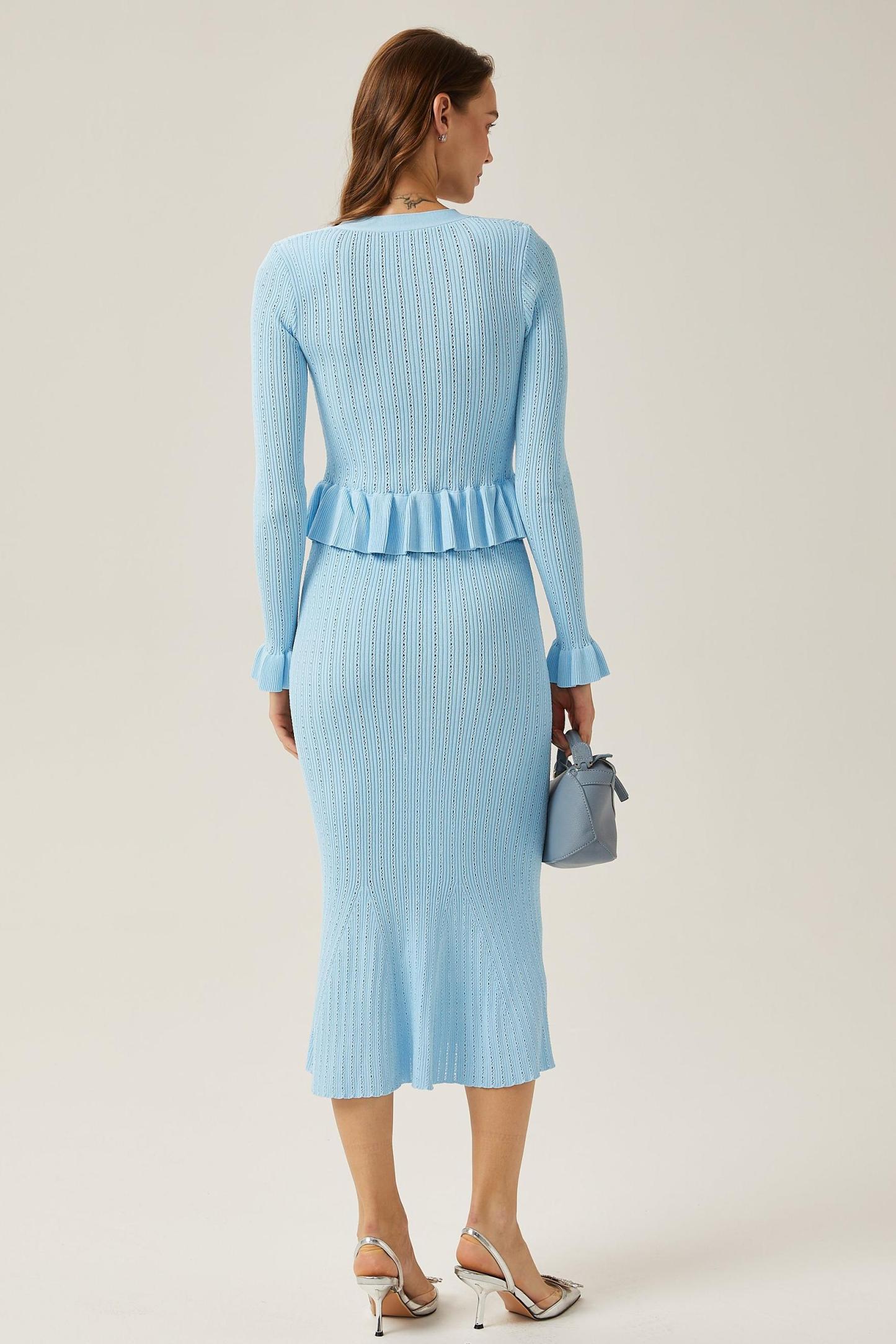 Solid Metal Bottom Top & High Waist Knit Midi Skirt Set Blue