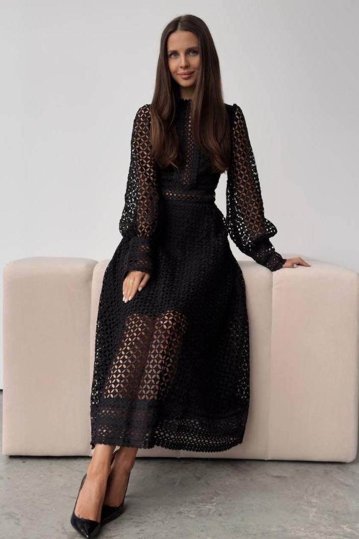 Lantern Sleeve Round Neck Plain Midi A-Line Dress