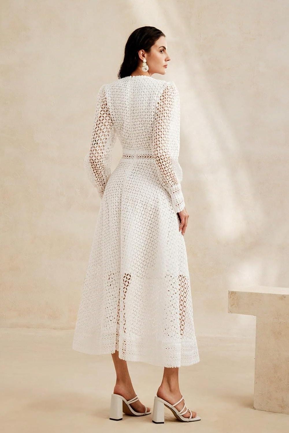 Solid Lace Lantern Sleeve Midi Dress