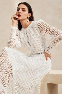 Polka Dot Lace Lantern Sleeve Midi Dress With Belt
