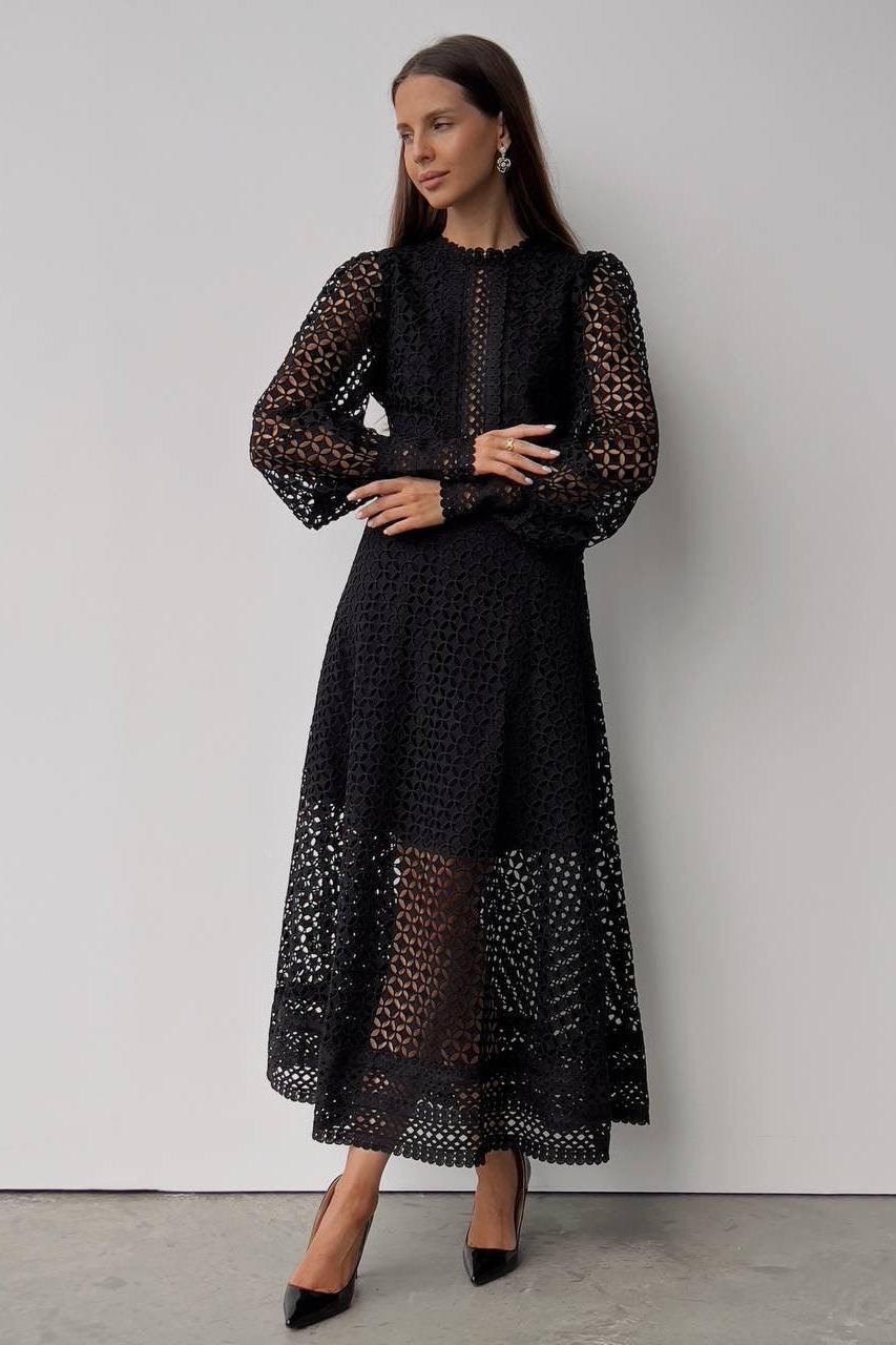 Solid Lace Lantern Sleeve Midi Dress