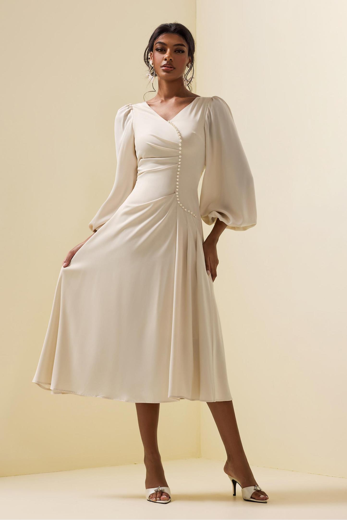 Faux Pearl Long Sleeve Midi Dress
