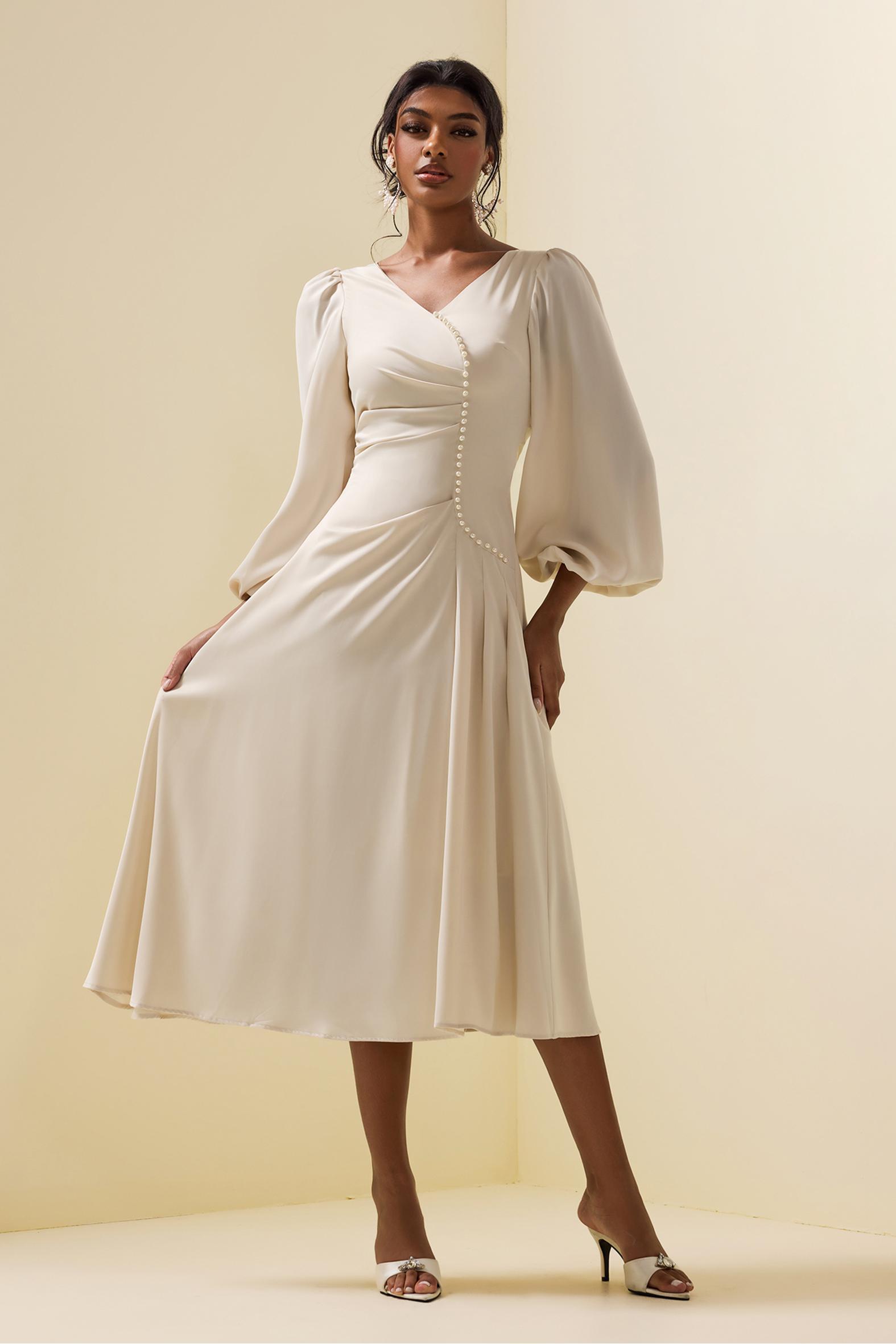 Faux Pearl Long Sleeve Midi Dress