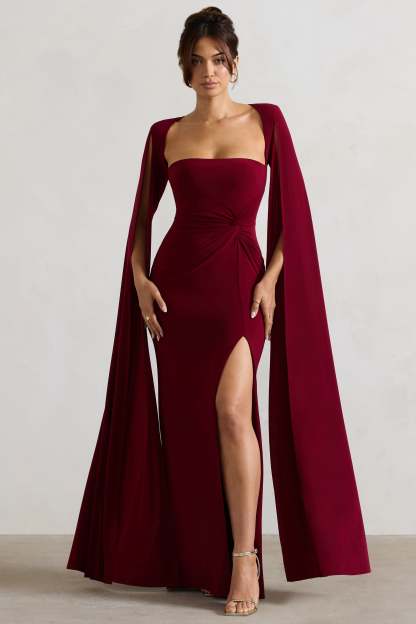 Solid Square Collar High Slit Midi Dress