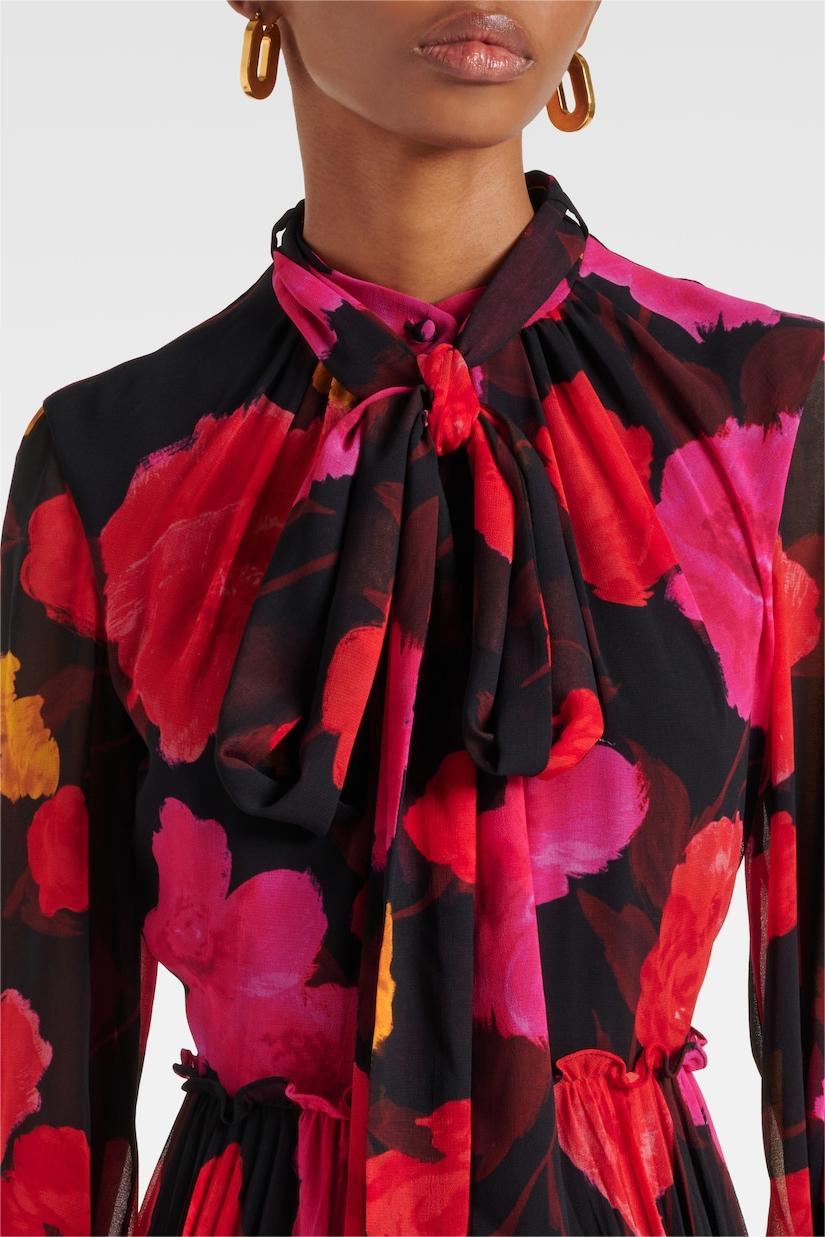 Abstract Print  Long Sleeve Lace-Up Midi Dress