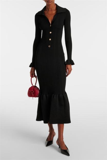 Jersey Solid Button Mermaid Midi Dress