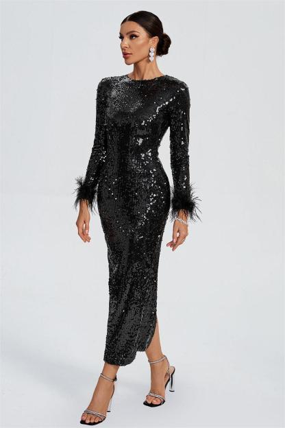 Sequin Feather Long Sleeve Midi Dress