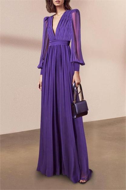 Chiffon V-Neck Lantern Sleeve Midi Dress