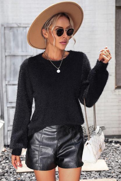 Long Sleeve Crew Collar Cut-Out Lace Sweater White