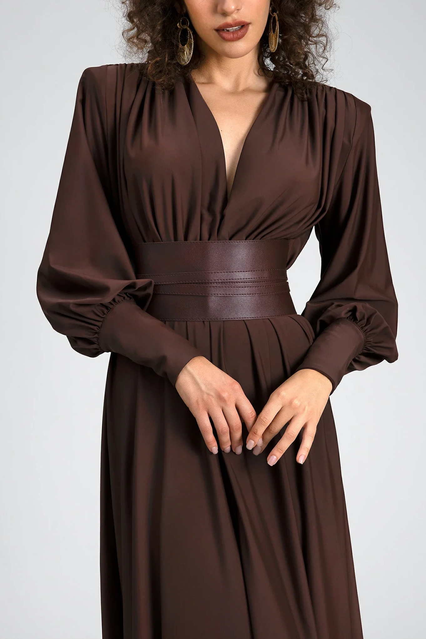 Gathered Long Sleeve Maxi Dress With Belt  JardinVue