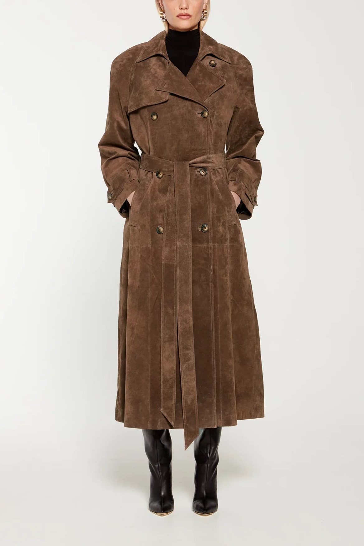 Suede Fabric Metal Button Long Sleeve Coat