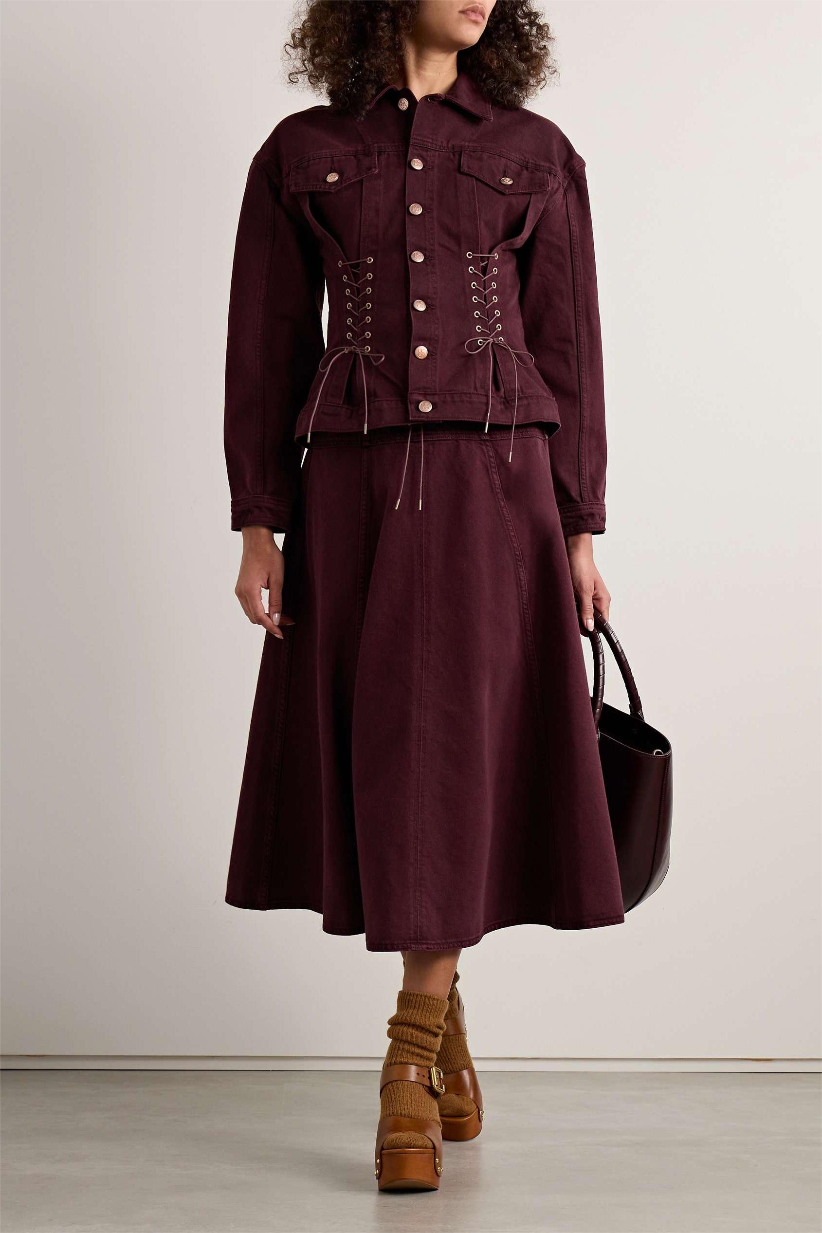 Denim Lace-Up Coat & Hight Waist Midi Skirt Set