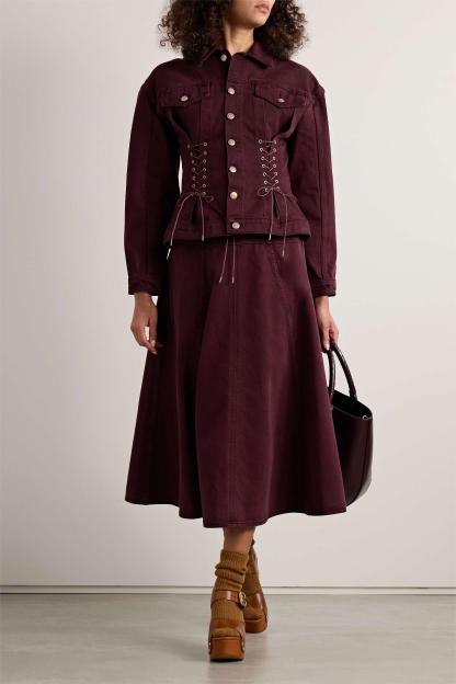 Denim Lace-Up Coat & Hight Waist Midi Skirt Set