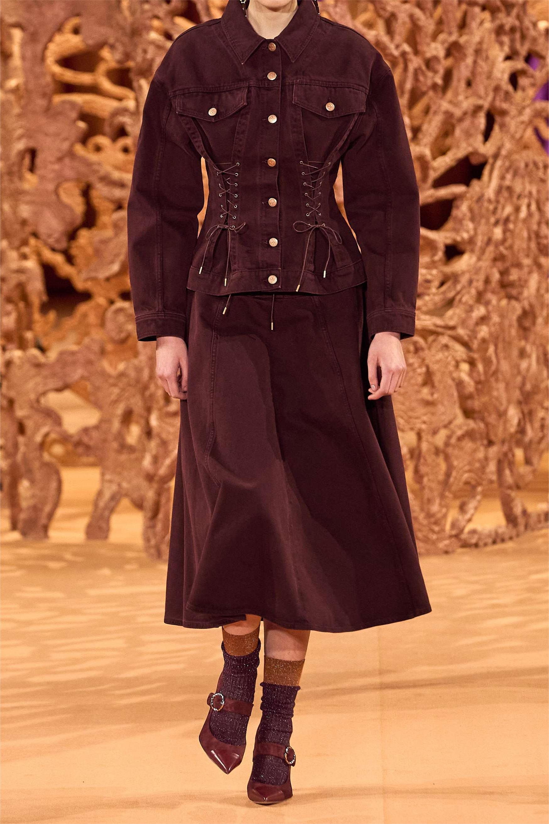 Denim Lace-Up Coat & Hight Waist Midi Skirt Set
