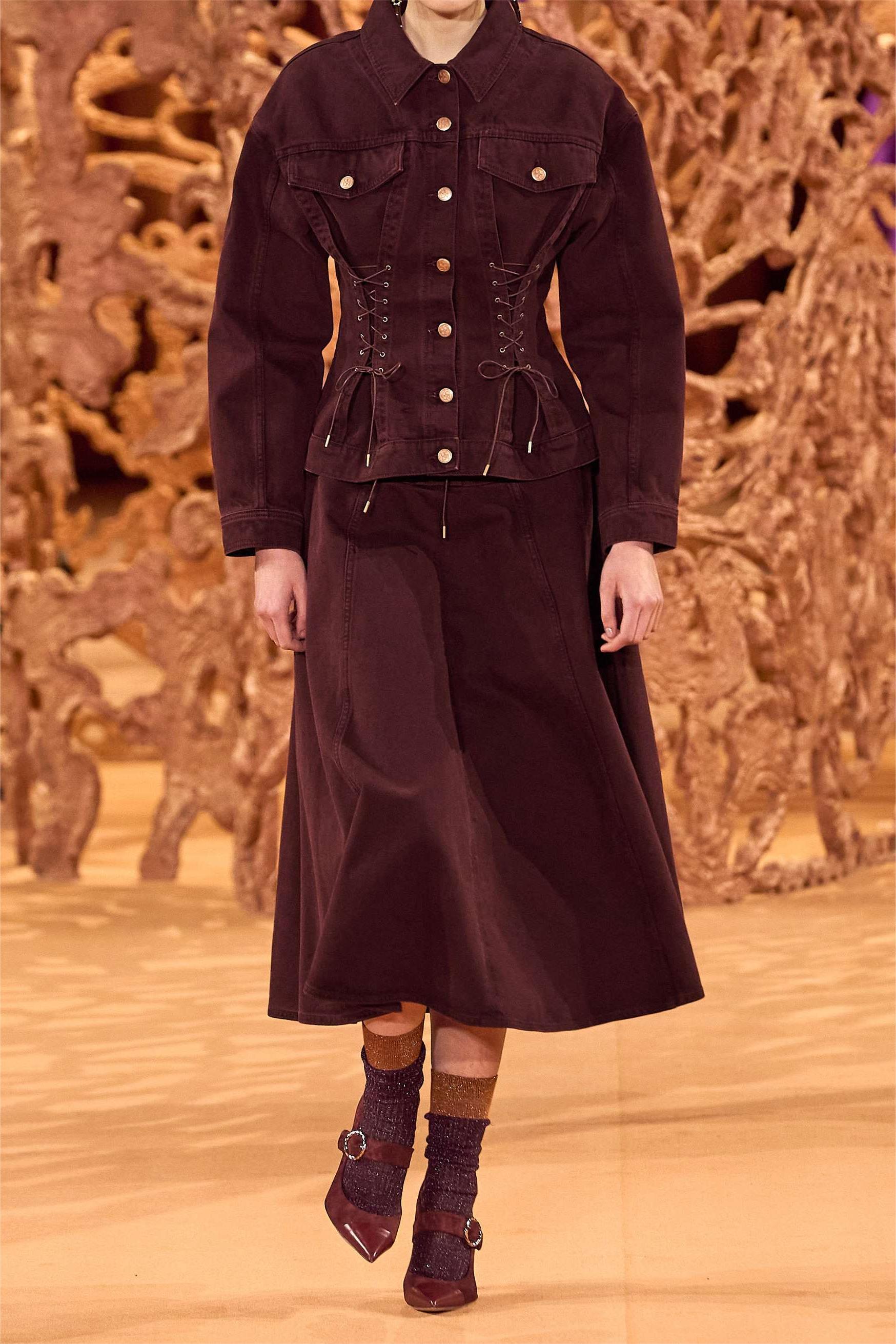 Denim Lace-Up Coat & Hight Waist Midi Skirt Set