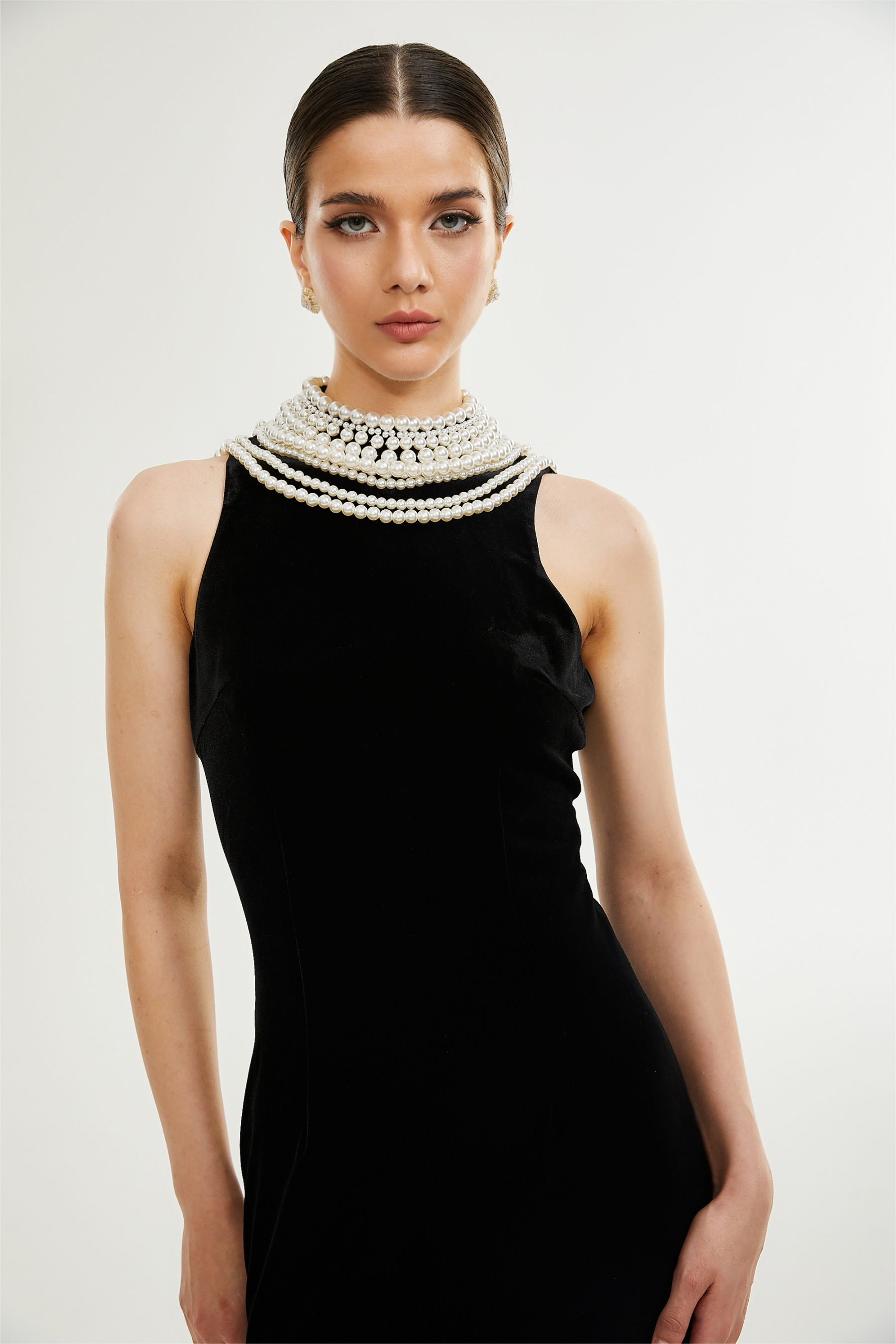 Velvet Faux Pearl Sleeveless Midi Dress