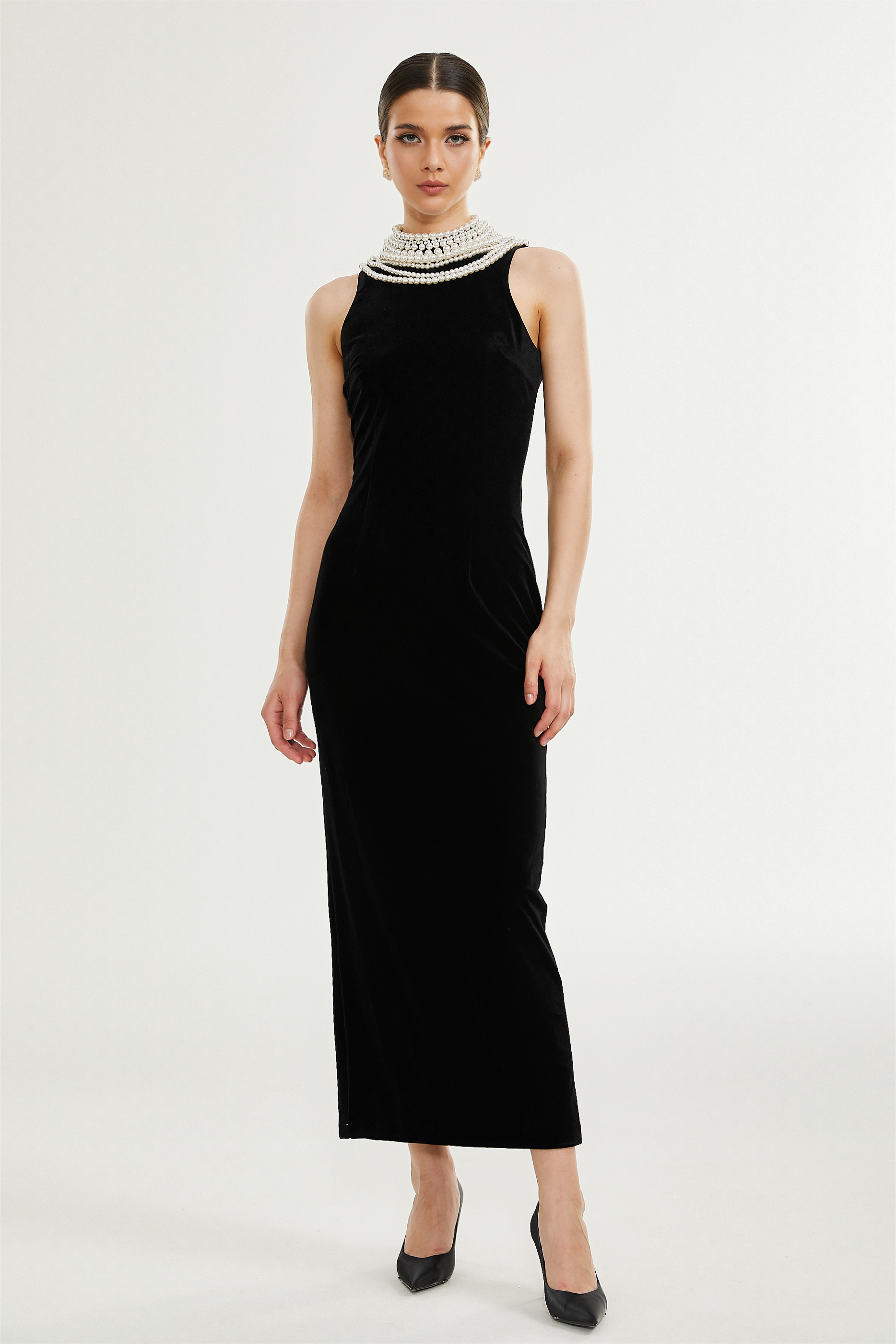 Velvet Faux Pearl Sleeveless Midi Dress