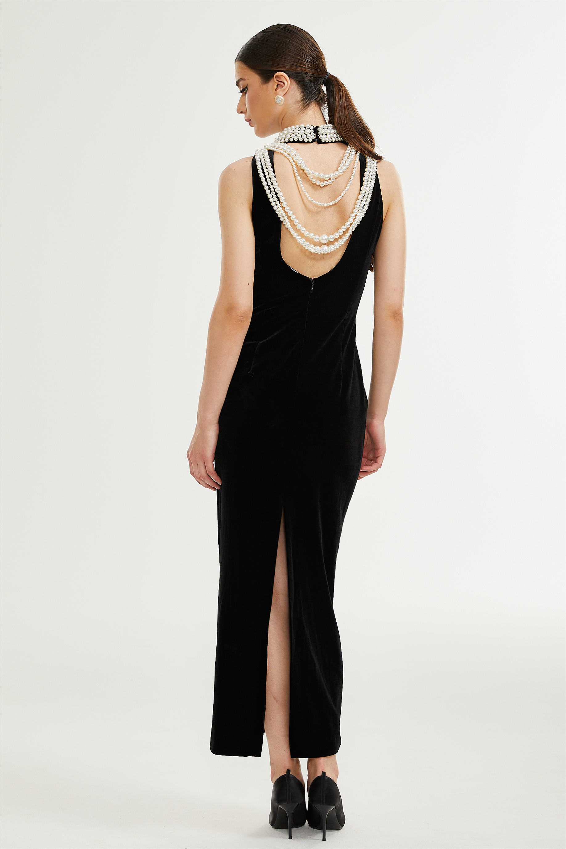 Velvet Faux Pearl Sleeveless Midi Dress