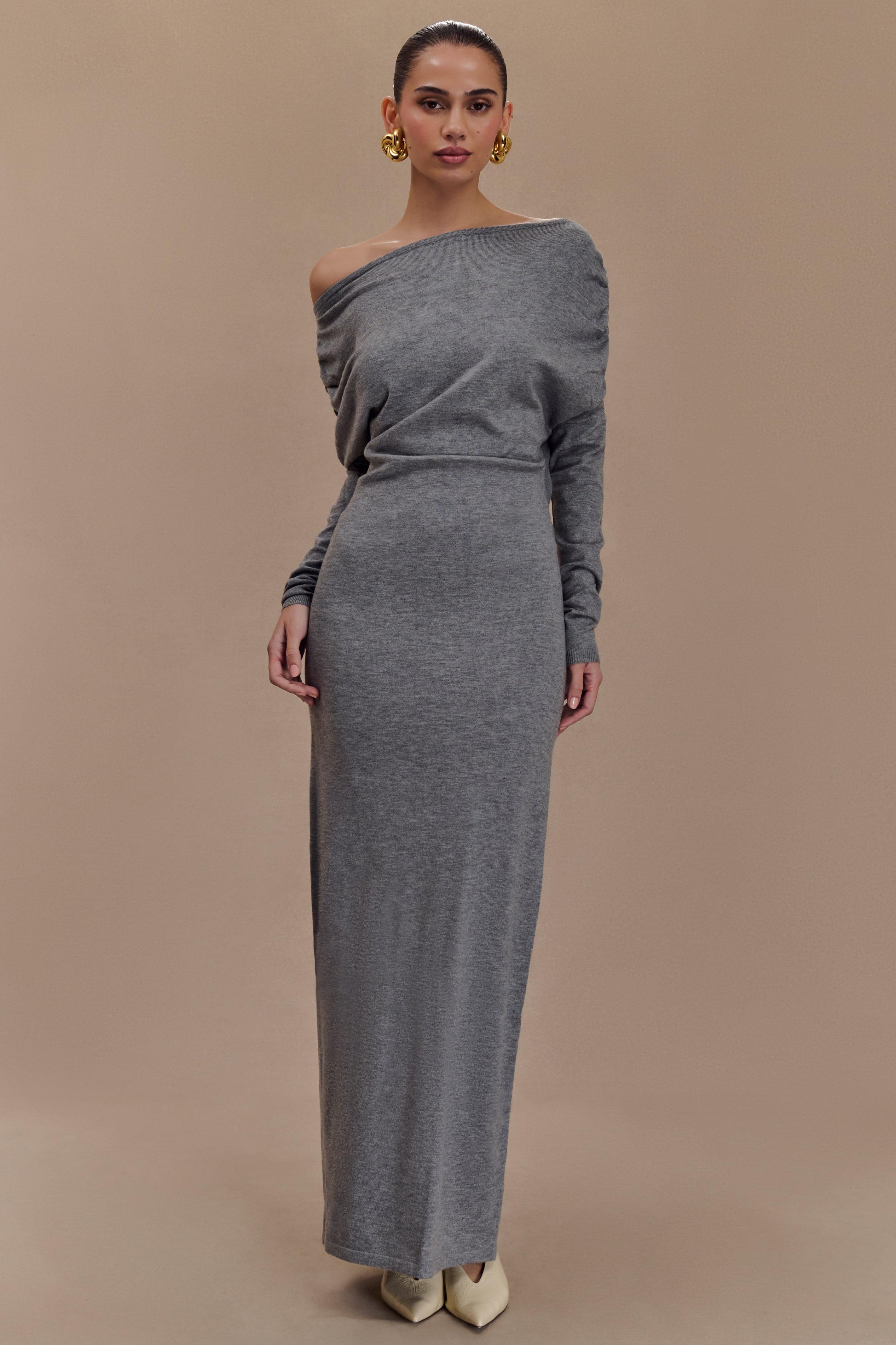 Solid Long Sleeve One Shoulder Midi Dress