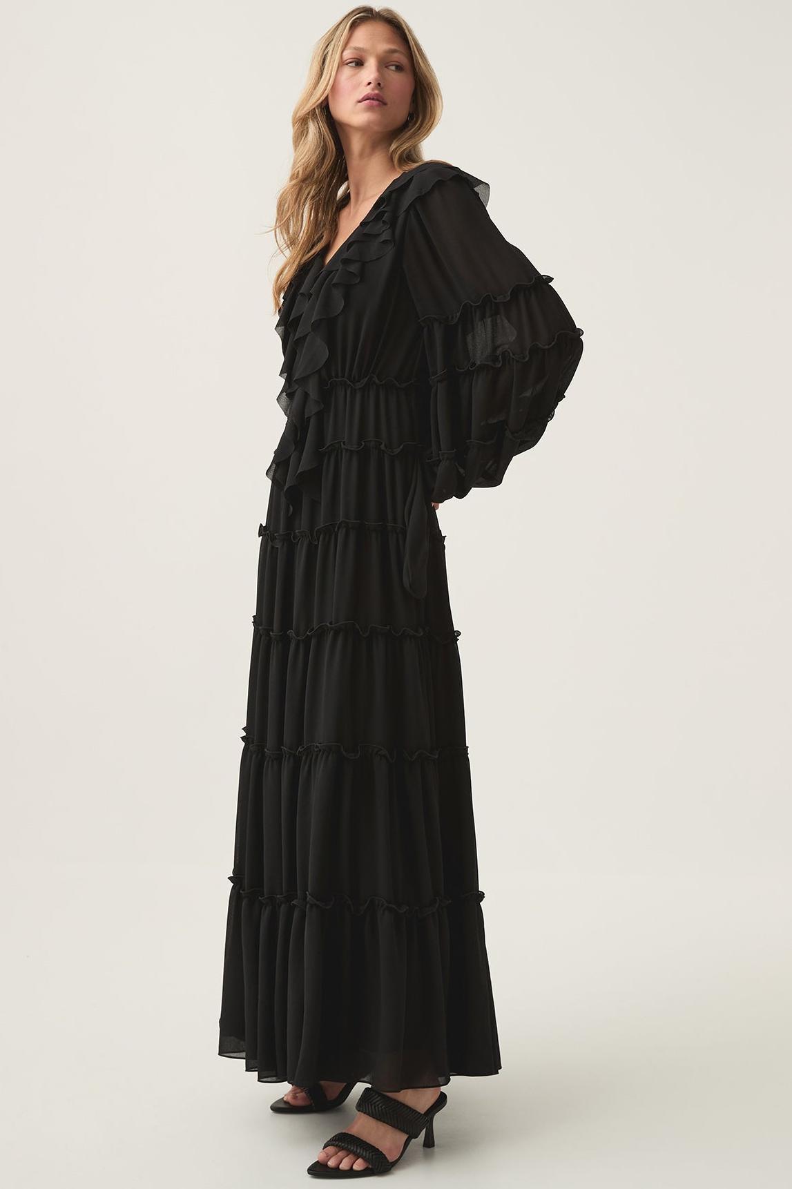 Solid V-Neck Long Sleeve Midi Dress