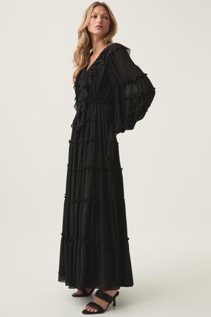 Solid V-Neck Long Sleeve Midi Dress