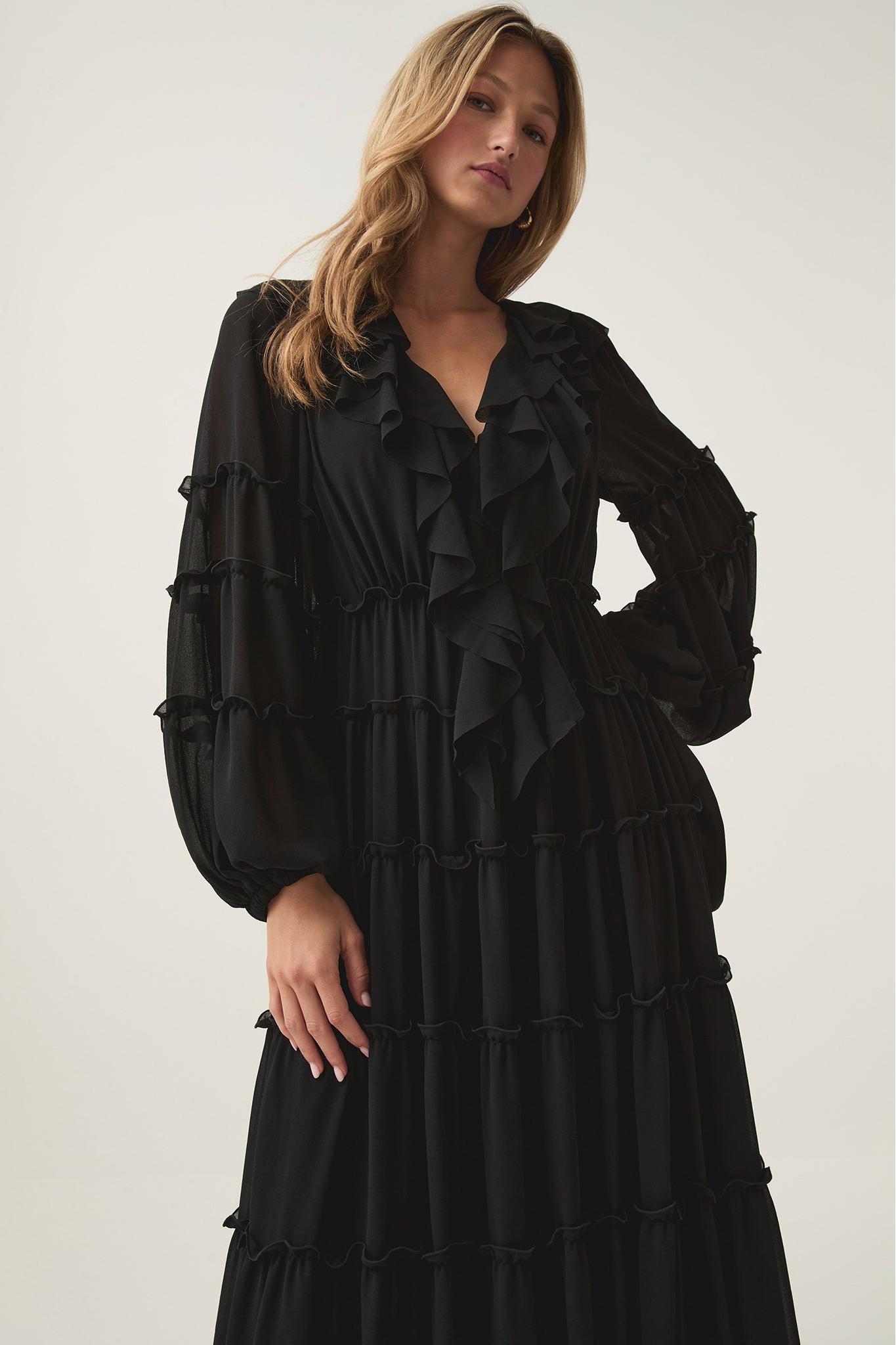 Solid V-Neck Long Sleeve Midi Dress
