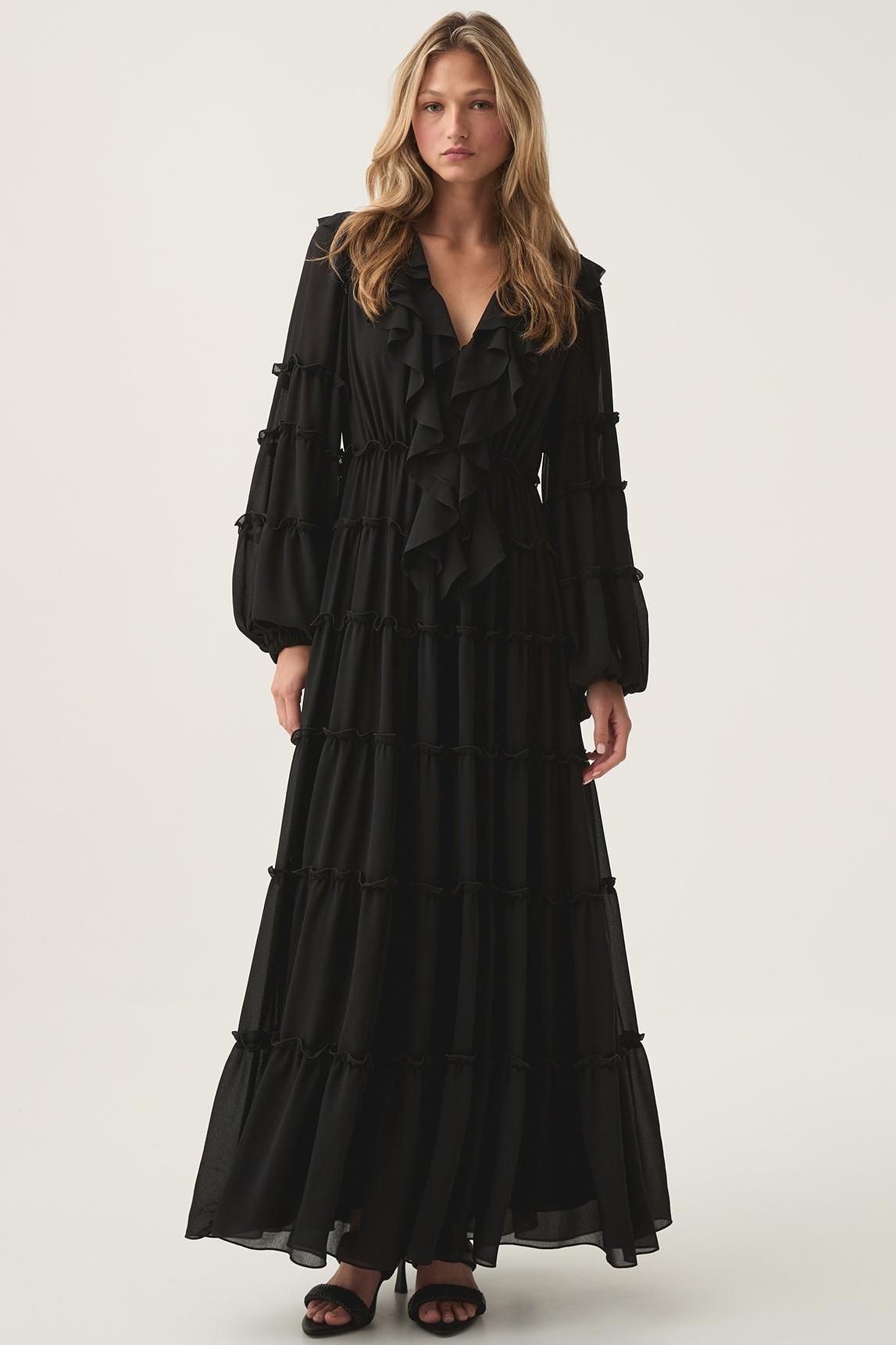 Solid V-Neck Long Sleeve Midi Dress