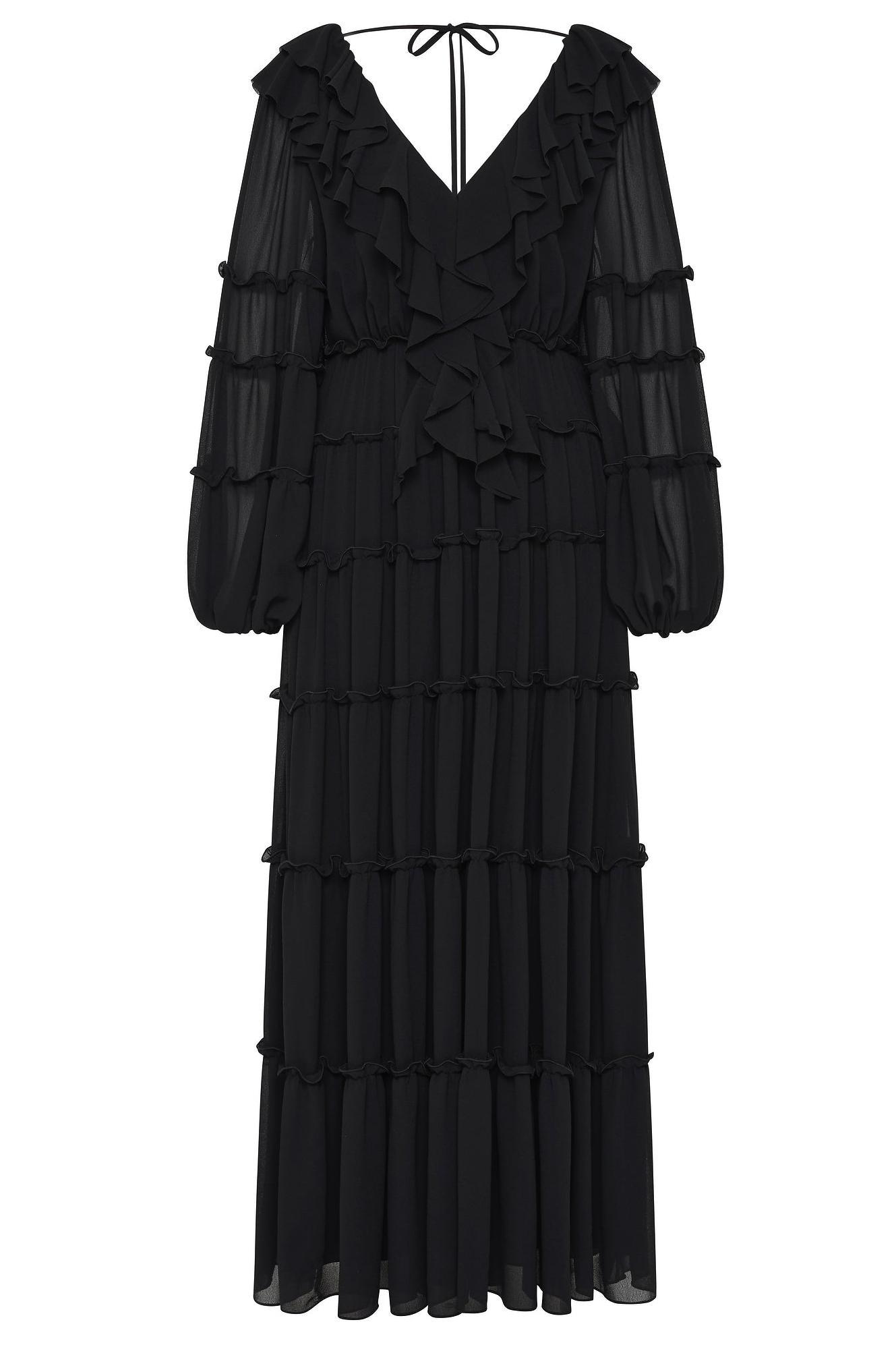 Solid V-Neck Long Sleeve Midi Dress