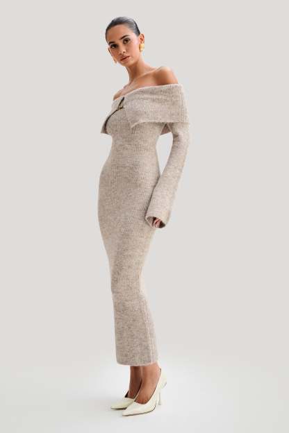 Solid Knit Off-Shoulder Midi Dress