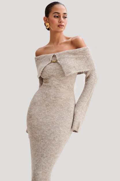 Solid Knit Off-Shoulder Midi Dress