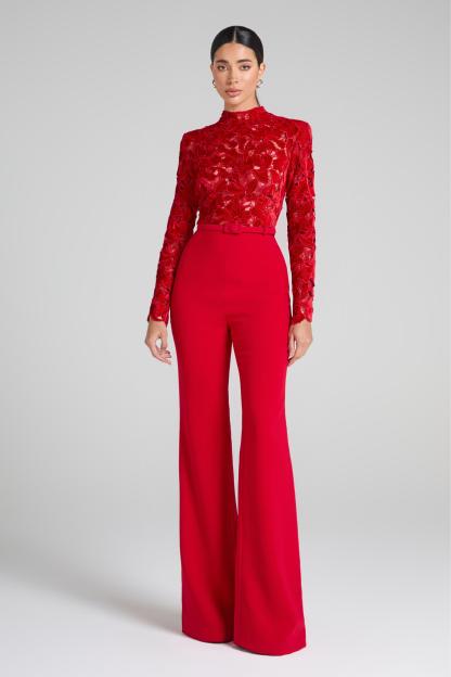 Lace Solid Long Sleeve Jumpsuit With Belt