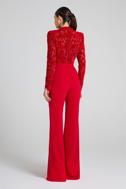 Lace Solid Long Sleeve Jumpsuit With Belt