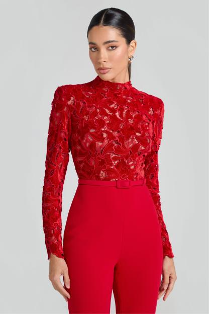 Lace Solid Long Sleeve Jumpsuit With Belt