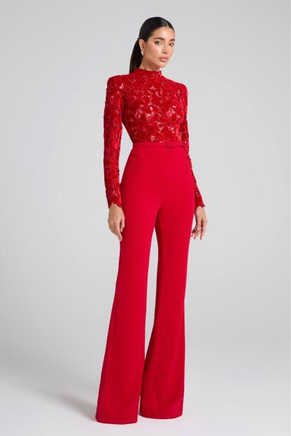Lace Solid Long Sleeve Jumpsuit With Belt