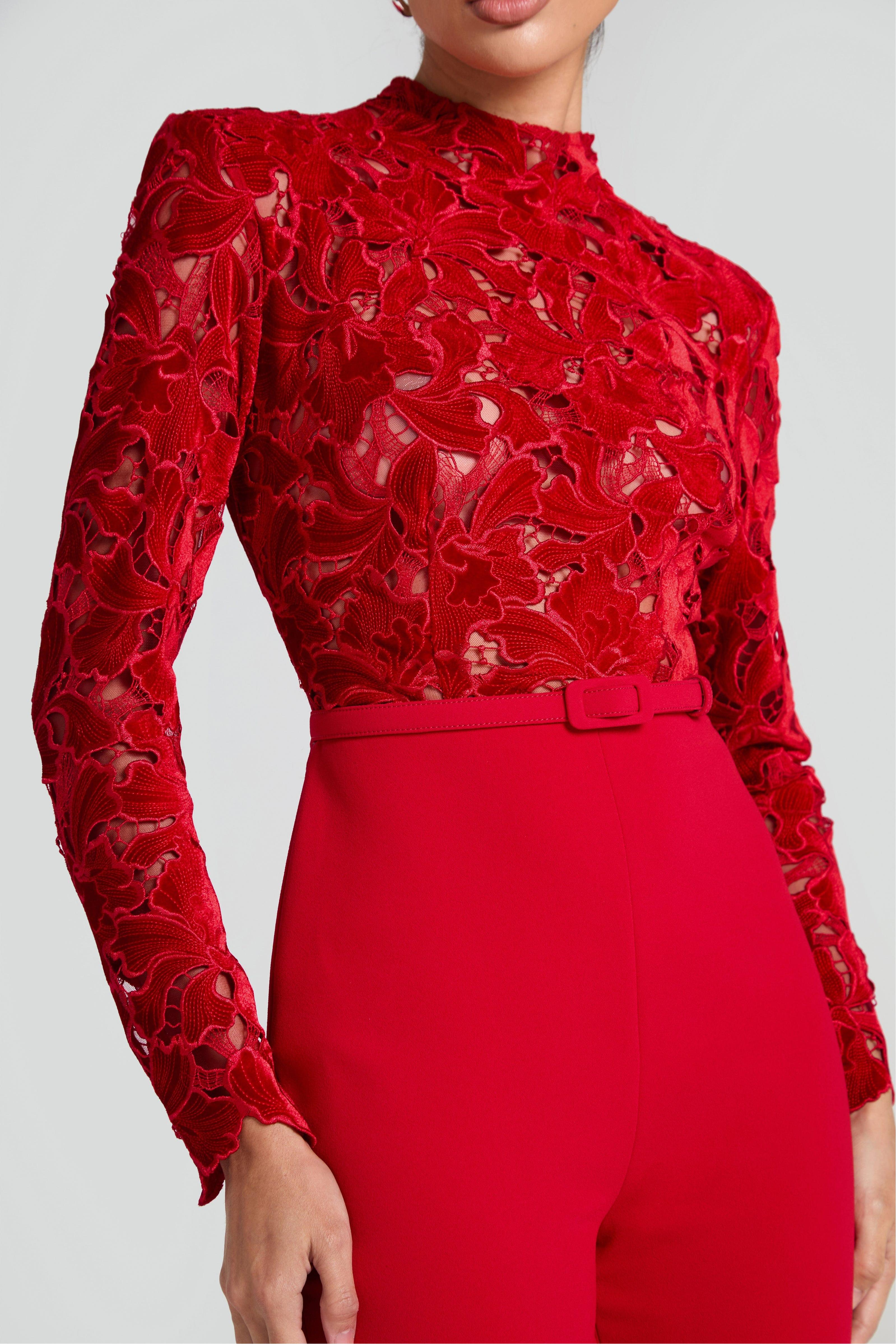 Lace Solid Long Sleeve Jumpsuit With Belt