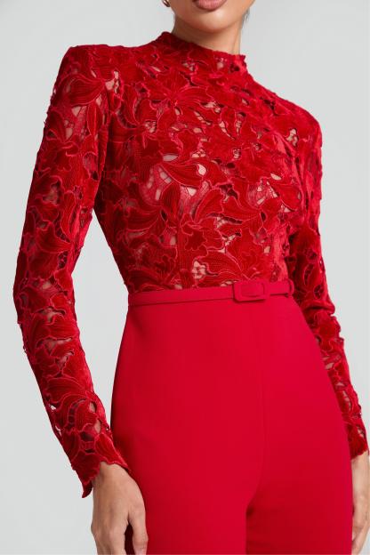 Lace Solid Long Sleeve Jumpsuit With Belt