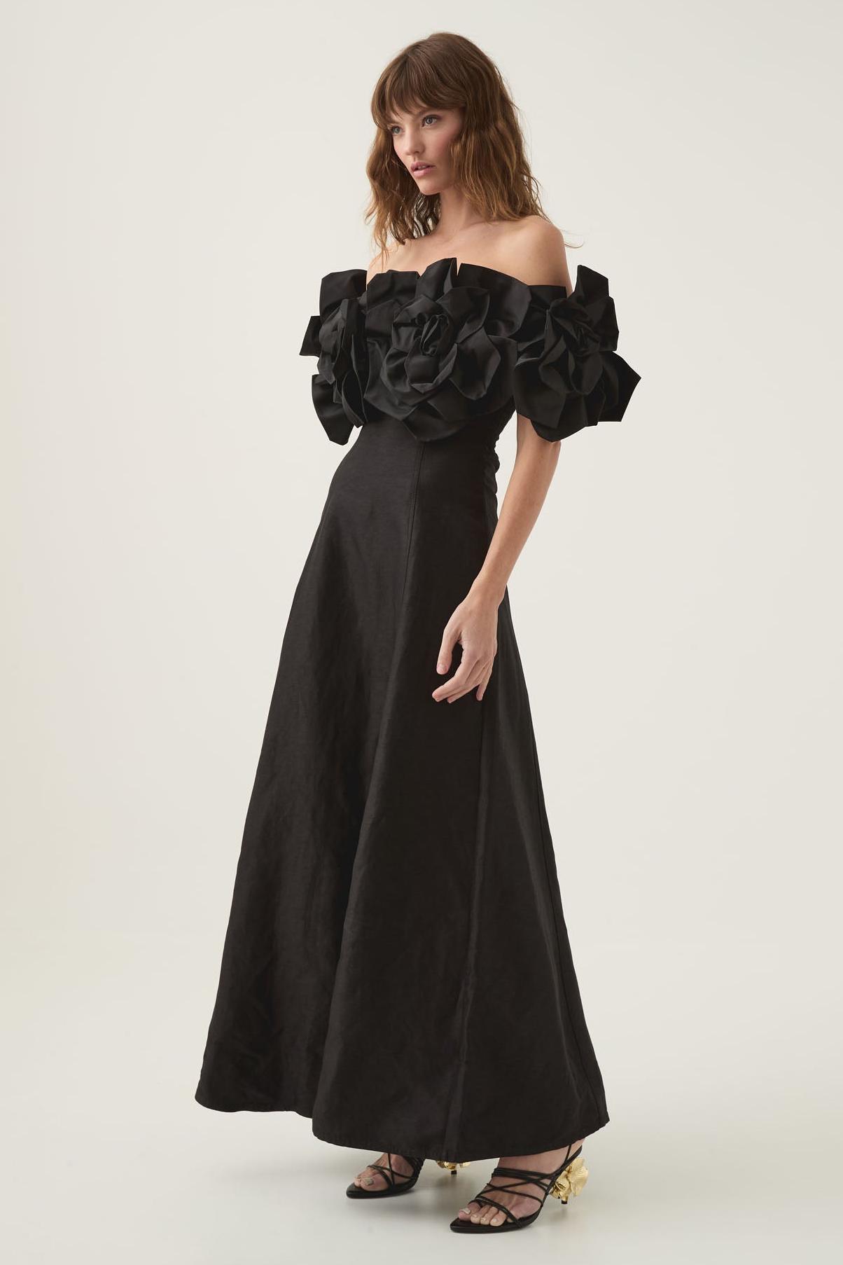 3D Flower Solid Off-Shoulder Midi Dress