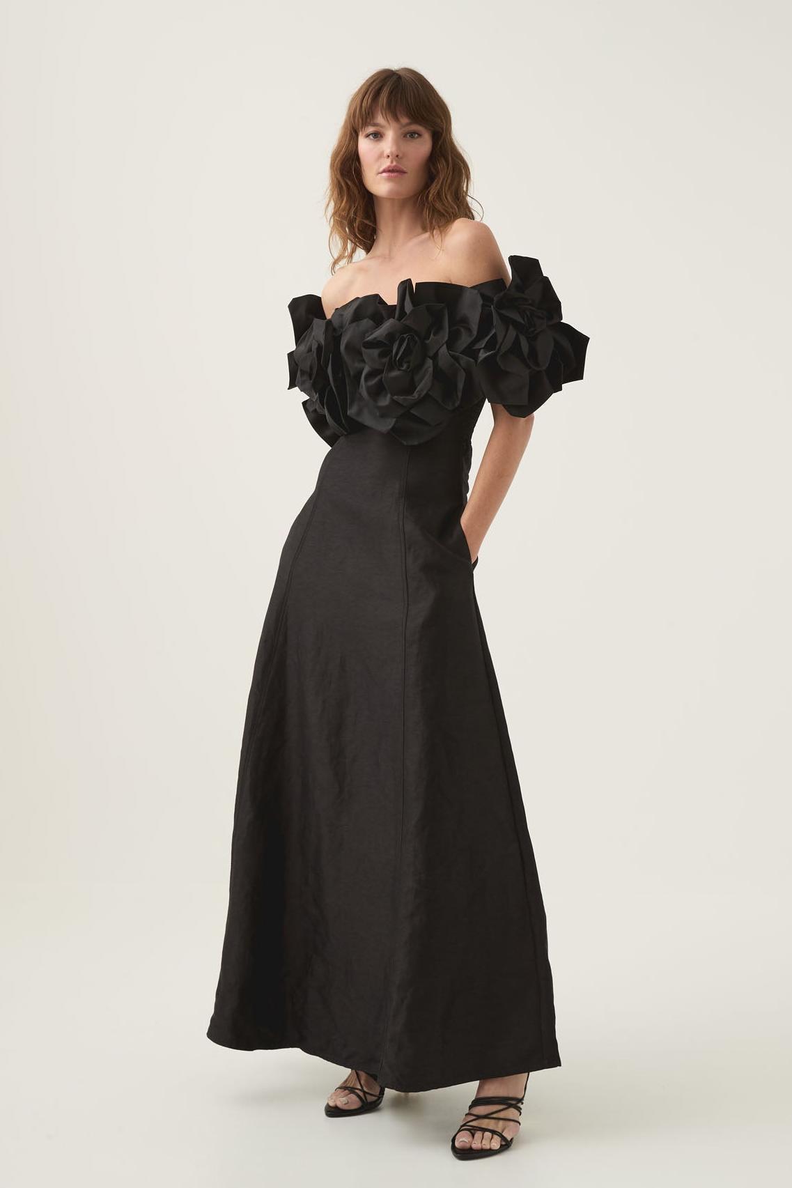 3D Flower Solid Off-Shoulder Midi Dress