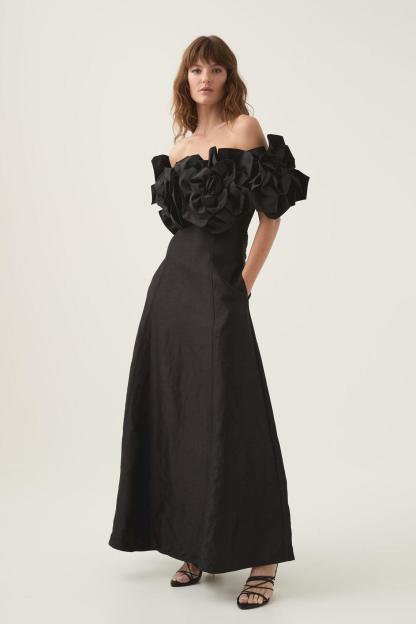 3D Flower Solid Off-Shoulder Midi Dress