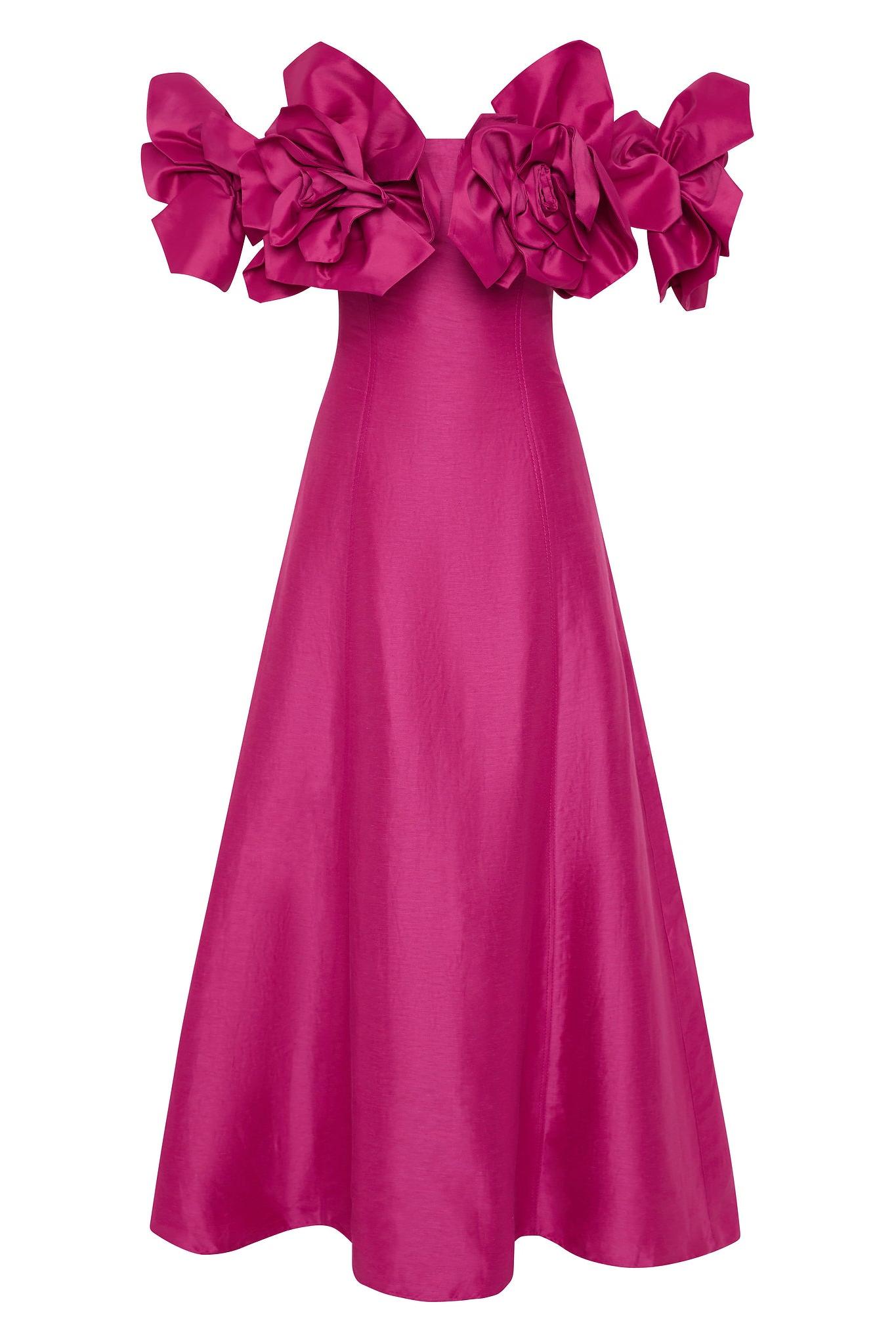 3D Flower Solid Off-Shoulder Midi Dress