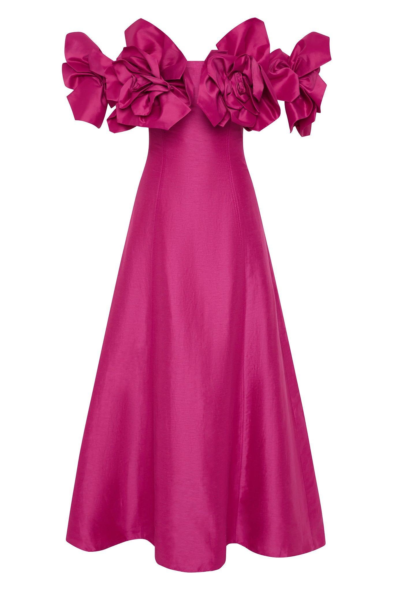 3D Flower Solid Off-Shoulder Midi Dress
