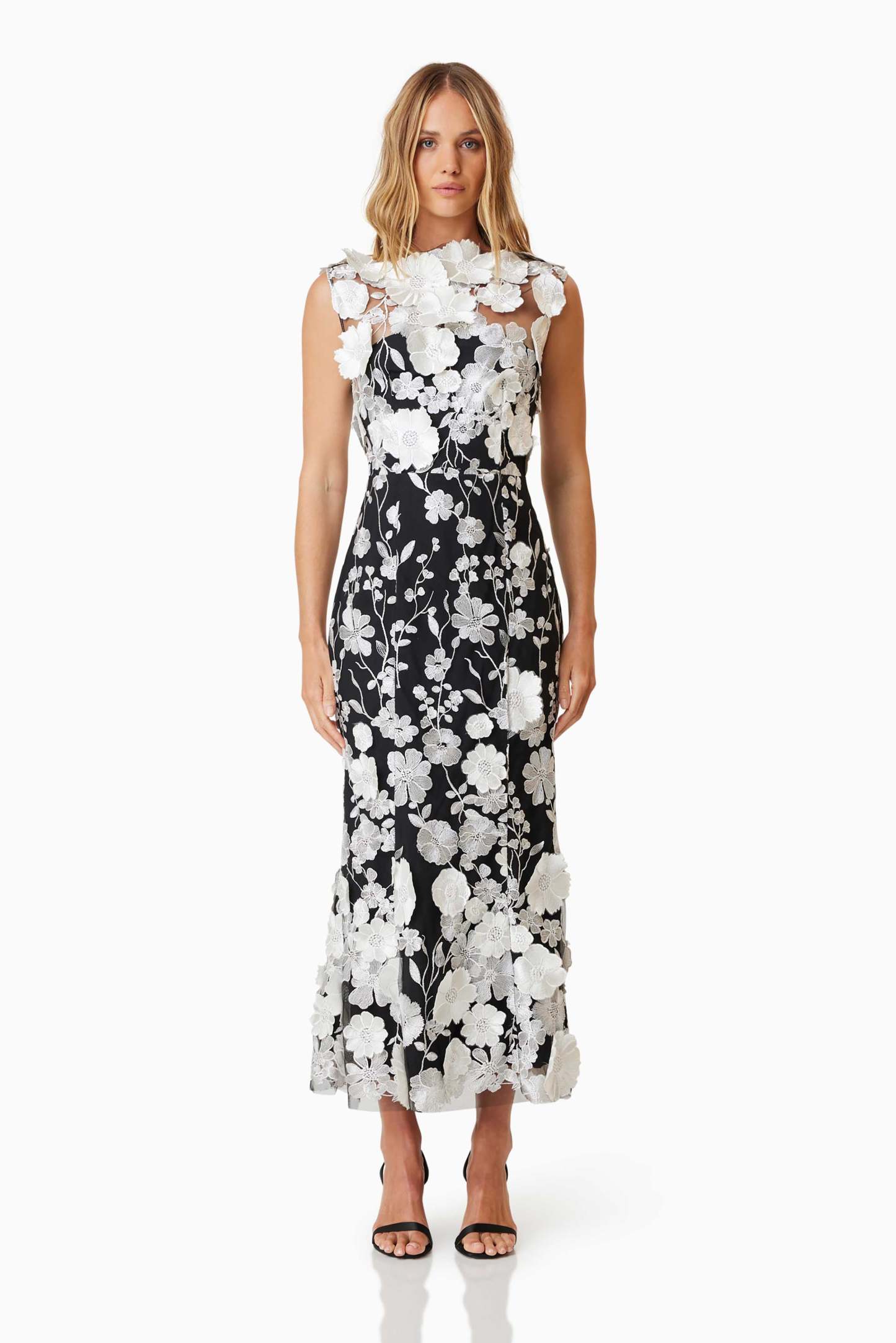 3D Flower Round Neck Sleeveless Midi Dress