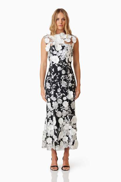 3D Flower Round Neck Sleeveless Midi Dress