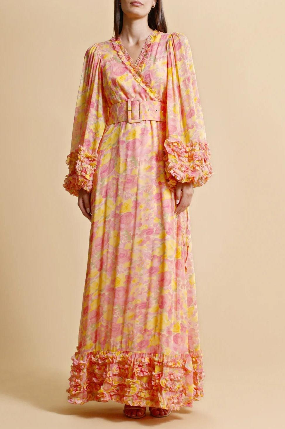Floral Long Sleeve V-Neck Midi Dress  With Belt