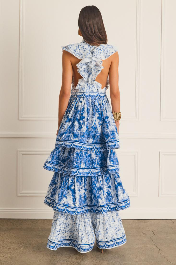 Paisley Print Ruffle Sleeveless Midi Dress