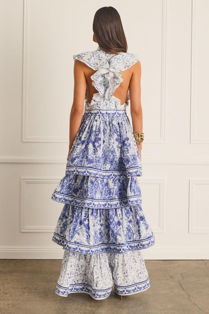 Paisley Print Ruffle Sleeveless Midi Dress