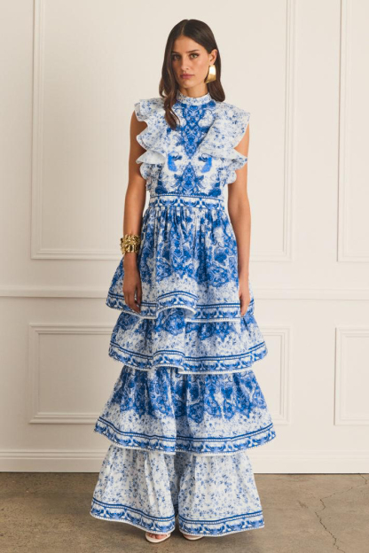 Paisley Print Ruffle Sleeveless Midi Dress