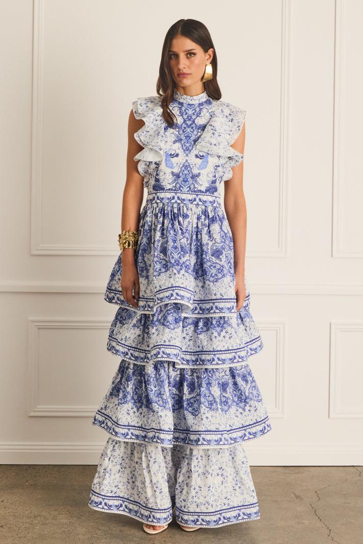 Paisley Print Ruffle Sleeveless Midi Dress