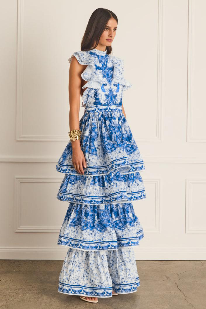 Paisley Print Ruffle Sleeveless Midi Dress